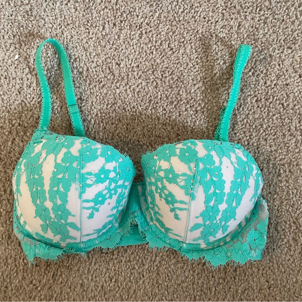 Victoria Secret White Green Sequin Lace Bra 32D